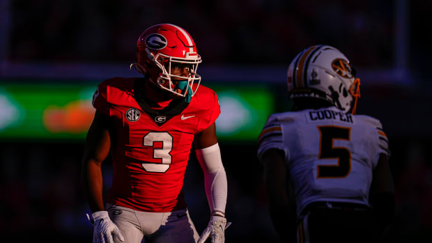 Nov 4, 2023; Athens, Georgia, USA; Georgia Bulldogs defensive back Kamari Lassiter (3) prepares to cover Missouri Tigers wide receiver Mookie Cooper (5) during the second half at Sanford Stadium. Mandatory Credit: Dale Zanine-USA TODAY Sports  